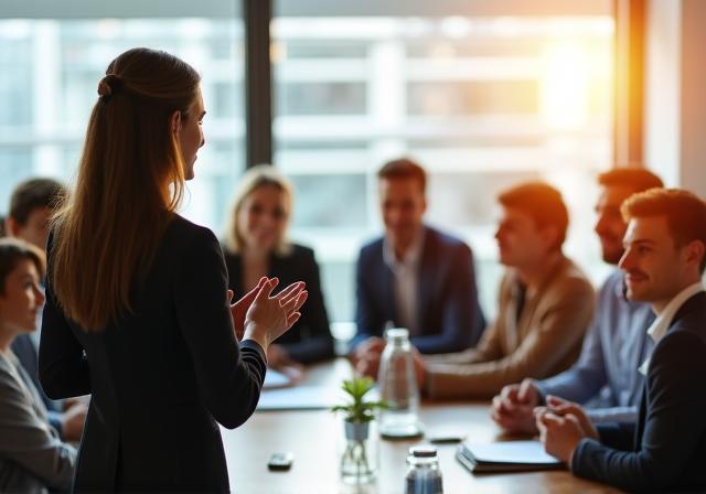 Corporate leader addressing a diverse team in a bright workspace