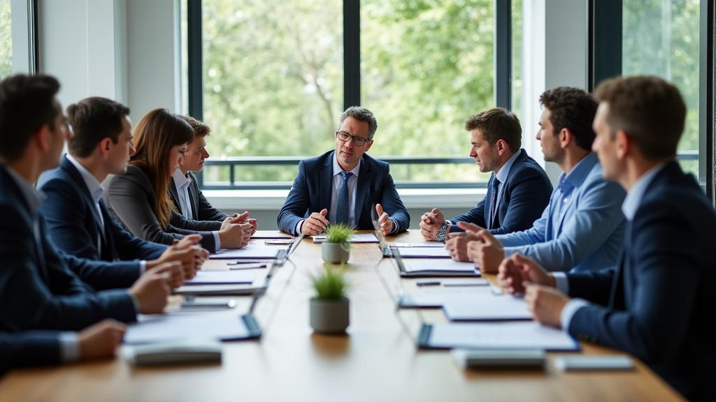 Team discussing organizational transitions in a modern office